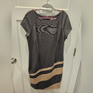 Sandra Darren Size 14 Knit Sheath Dress Gray Beige Color Block Cap Sleeve Office